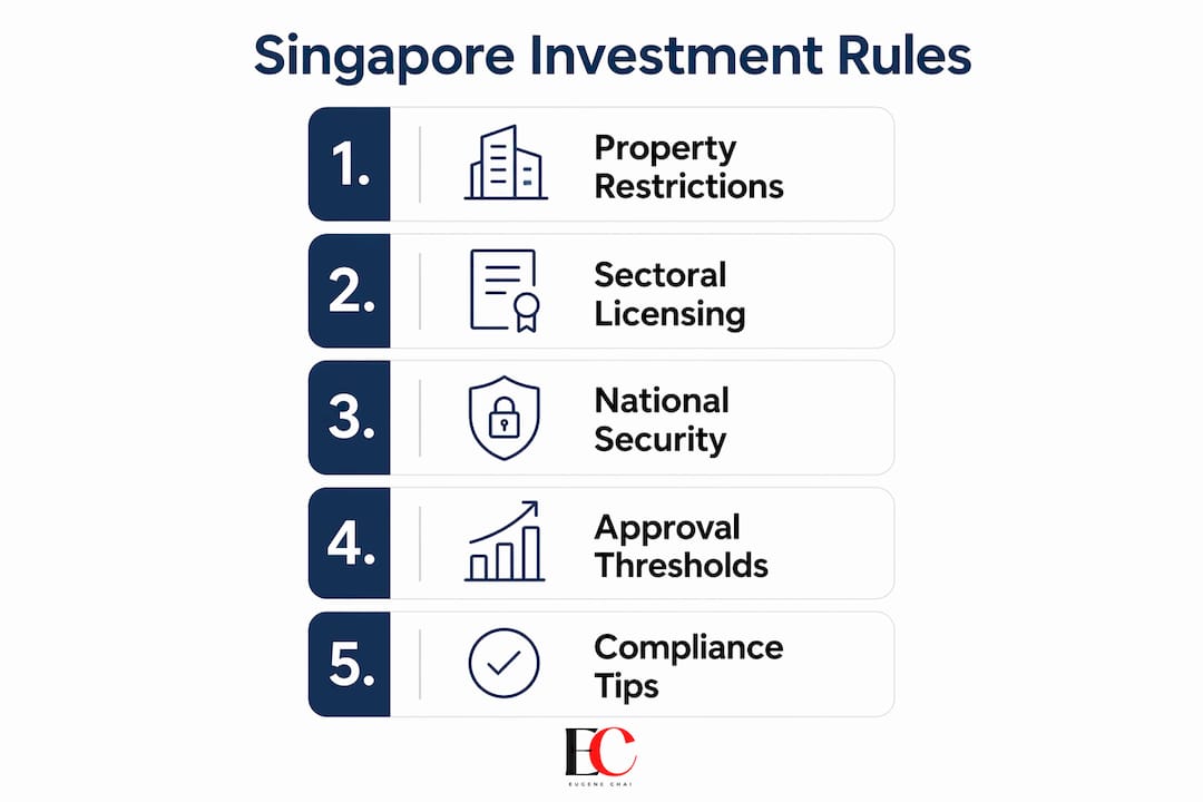 Singapore foreign investment rules explained for UK investors 3 Infographic illustrating Singapore investment rules in steps