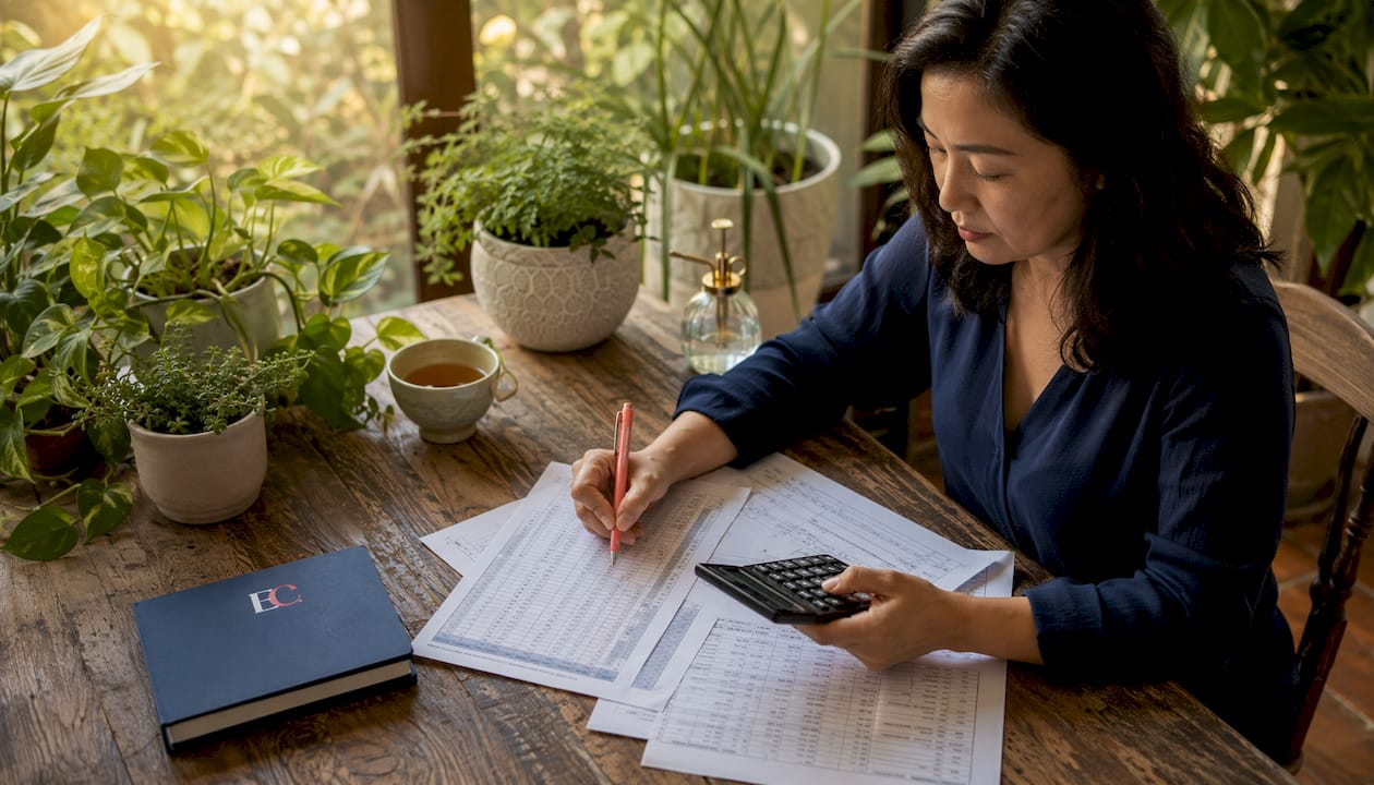 Rebuilding savings after a setback: Singapore plan 2 Woman reviewing budget paperwork at home