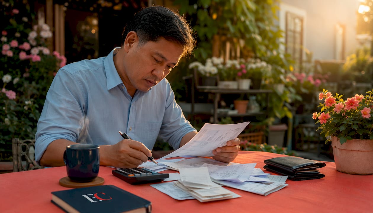 What is a debt spiral and how do you escape it? 2 Man budgeting bills at kitchen table