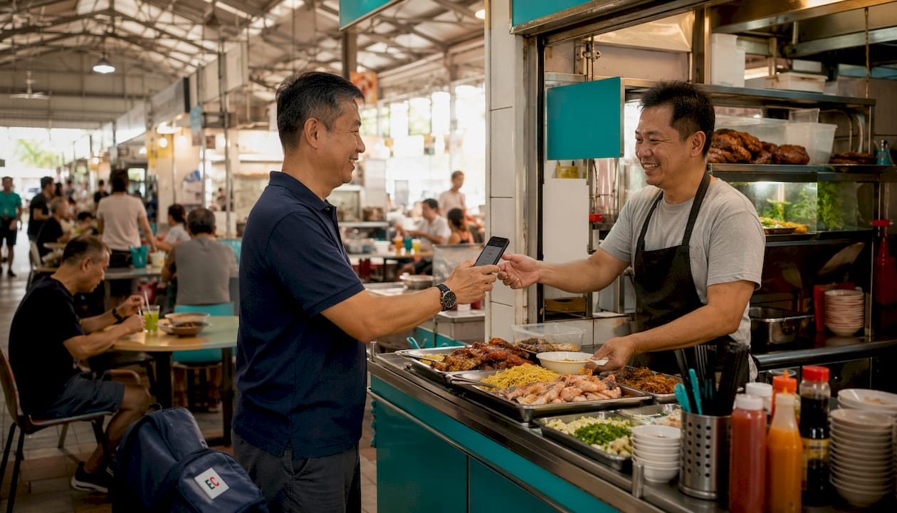 CDC voucher benefits for Singapore households: 2026 guide 3 Man redeeming CDC voucher at hawker stall