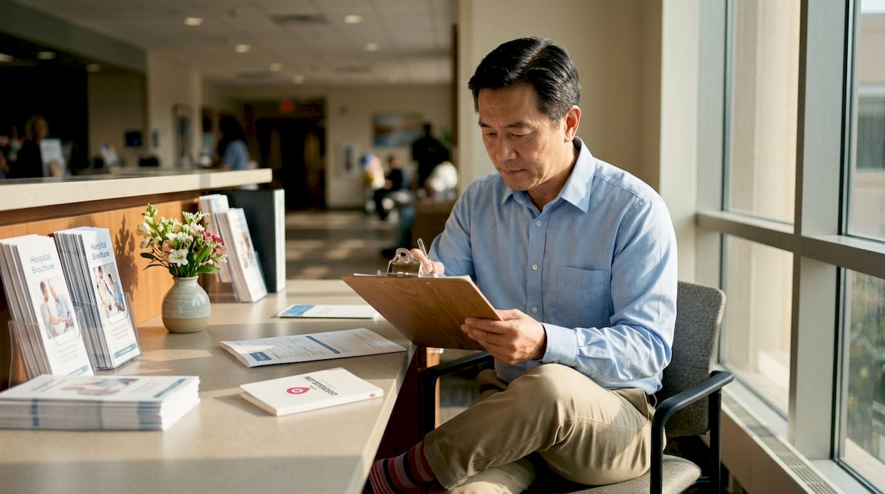 Hands filling hospital discharge authorization form
