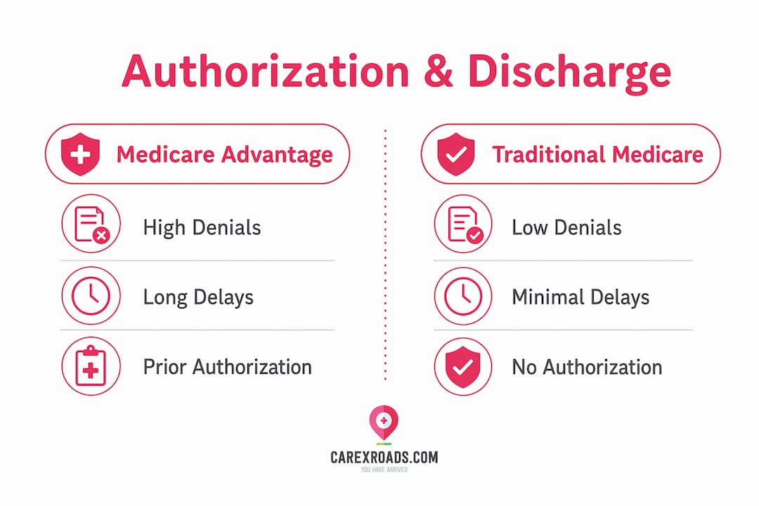 Infographic comparing Medicare Advantage and Traditional Medicare discharge