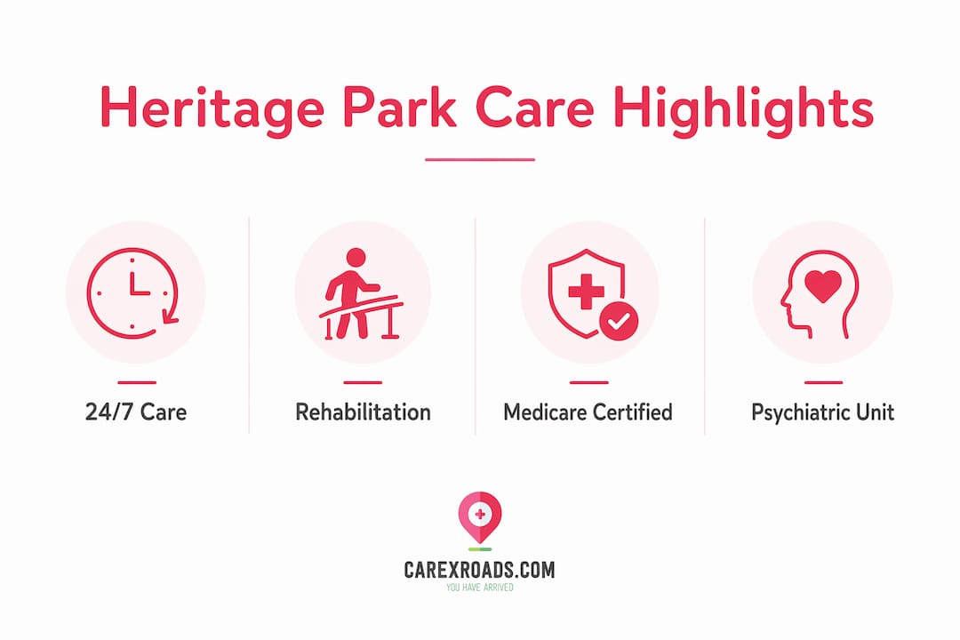 Infographic of key services and certifications at Heritage Park Nursing Center