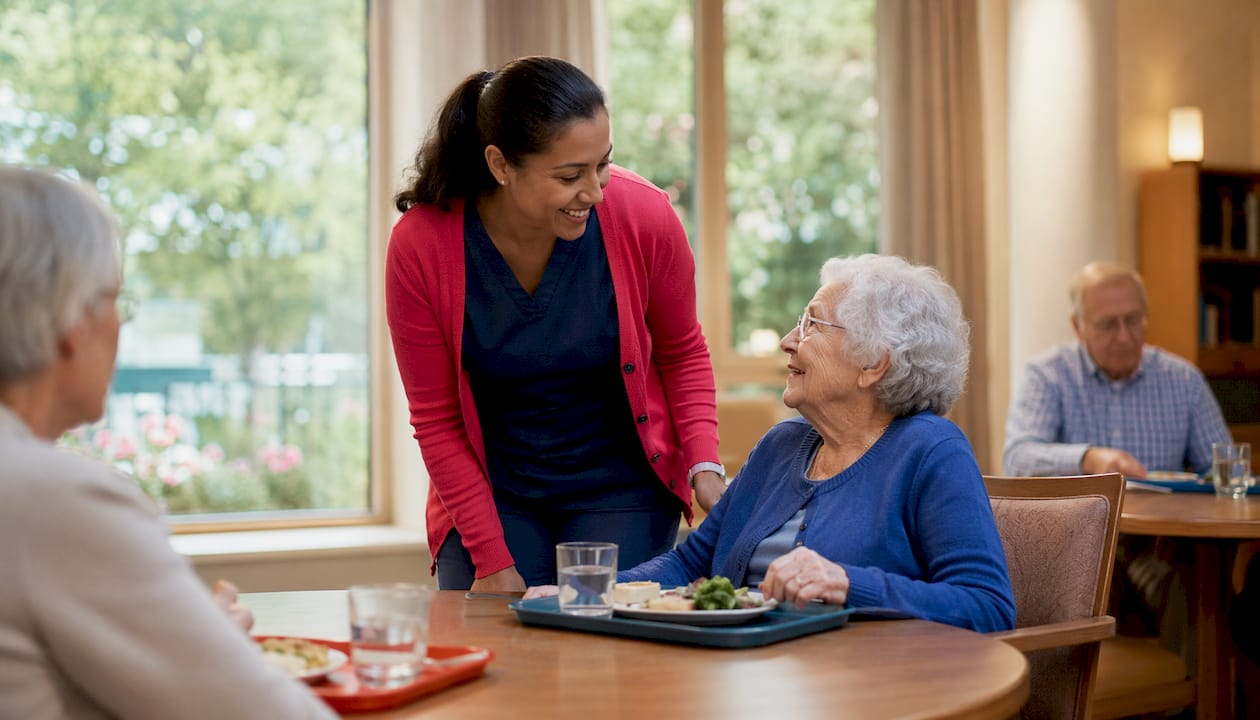 Caregiver responding to resident call in dining room