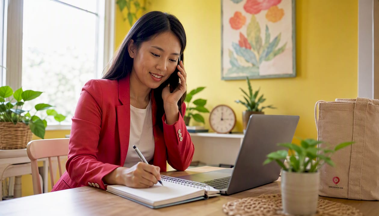Care navigator making a phone call from office