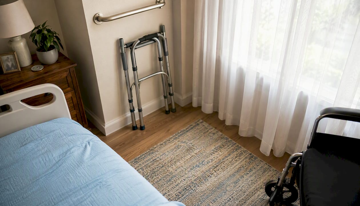 Durable medical equipment arranged in home hallway