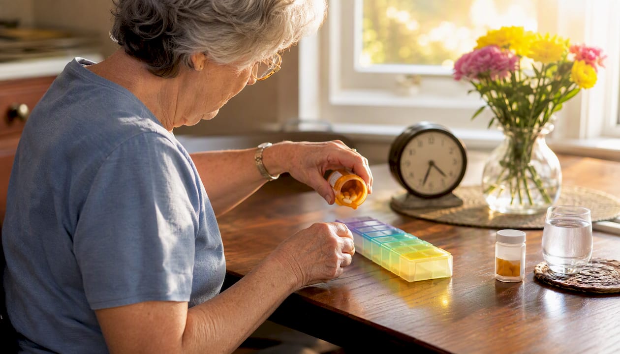 Senior woman pouring medication into pill organizer