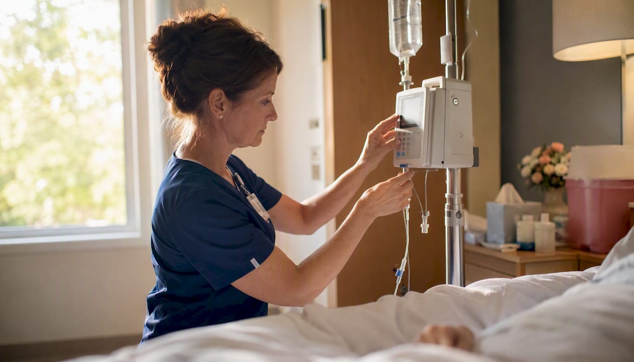 Nurse adjusting IV drip in hospice inpatient care