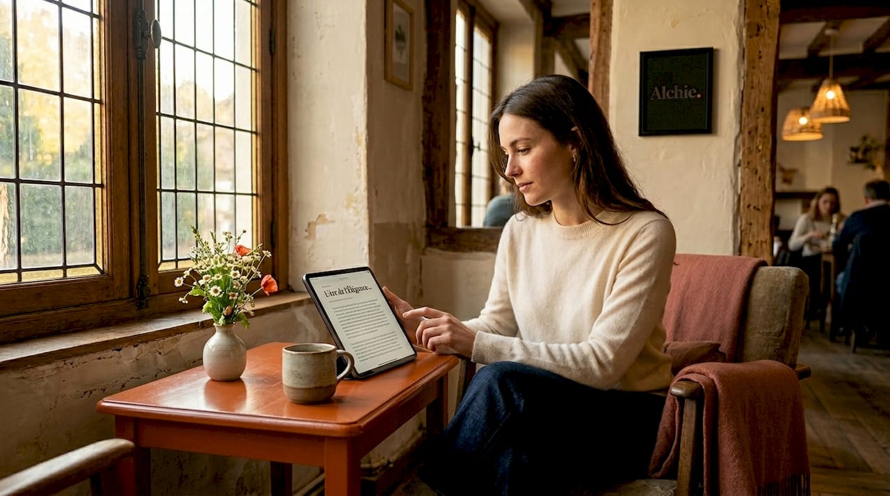 Une femme consulte un article de blog sur sa tablette.