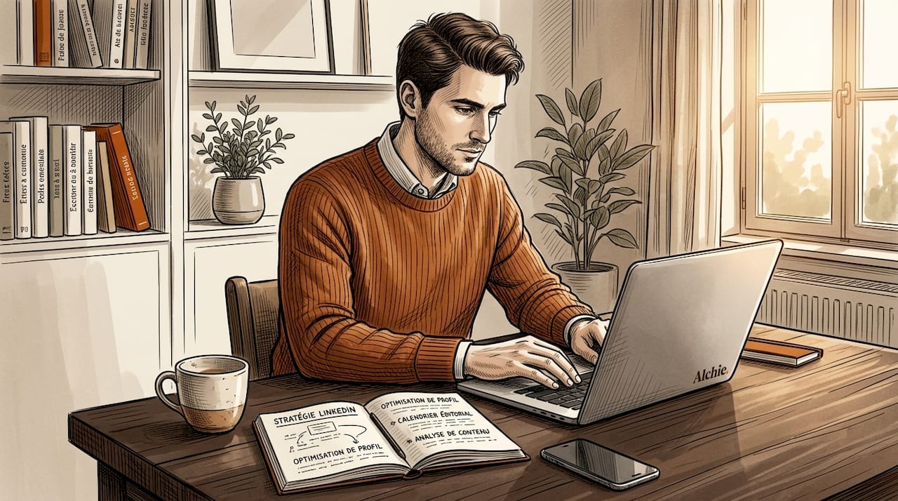 Consultant LinkedIn installé dans un bureau chaleureux, en pleine réflexion sur de nouveaux projets.