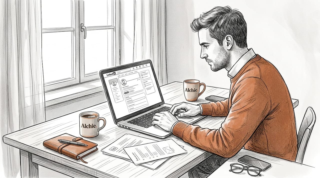 Une personne en train de mettre à jour son profil LinkedIn, assise à son bureau.