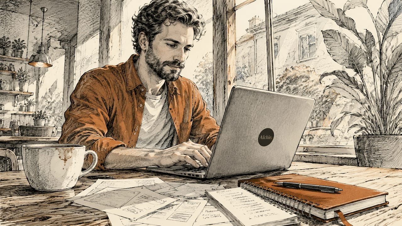 Un professionnel en pleine rédaction d’un post LinkedIn, installé à son bureau.