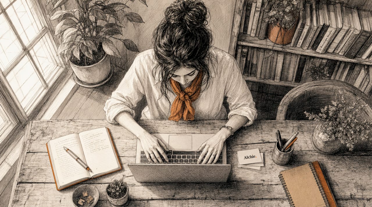 Consultante en pleine rédaction d'un témoignage client LinkedIn, installée à son bureau dès le début de la matinée.
