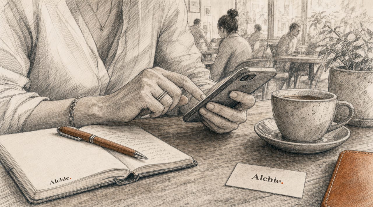 Des mains pianotent sur un smartphone, assises derrière un bureau.