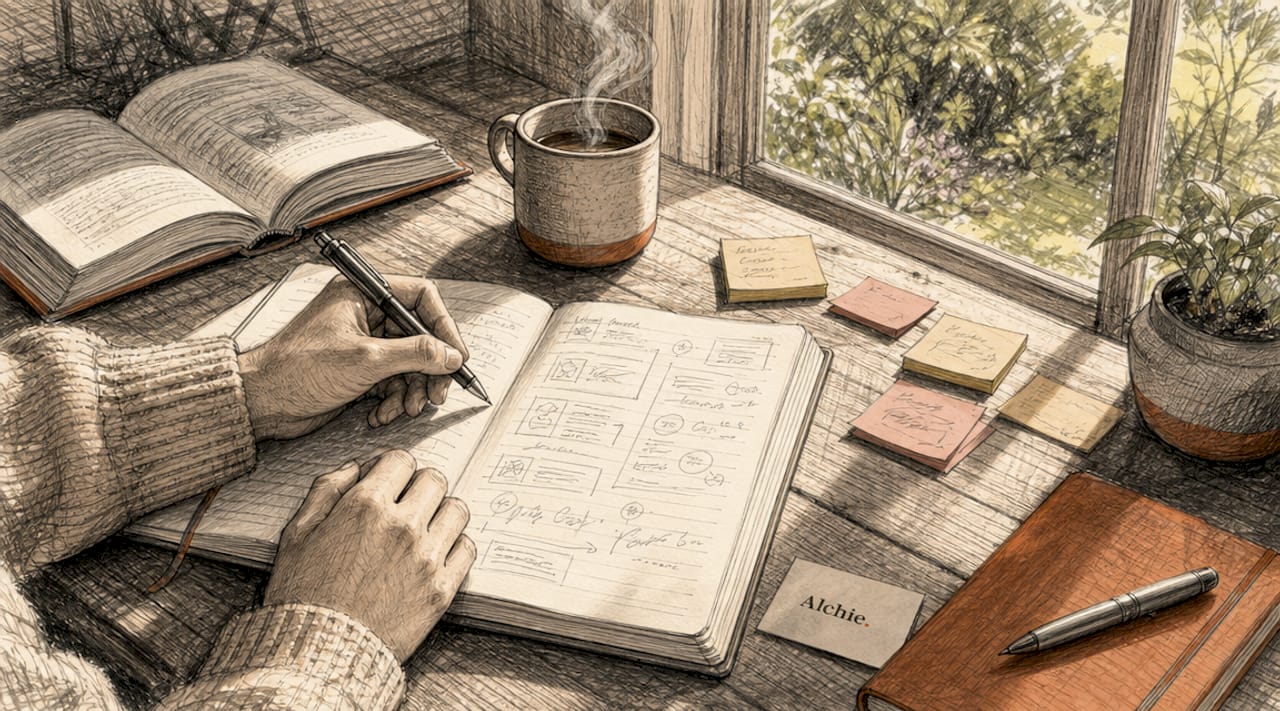 Une personne griffonne des idées de posts LinkedIn dans son carnet.