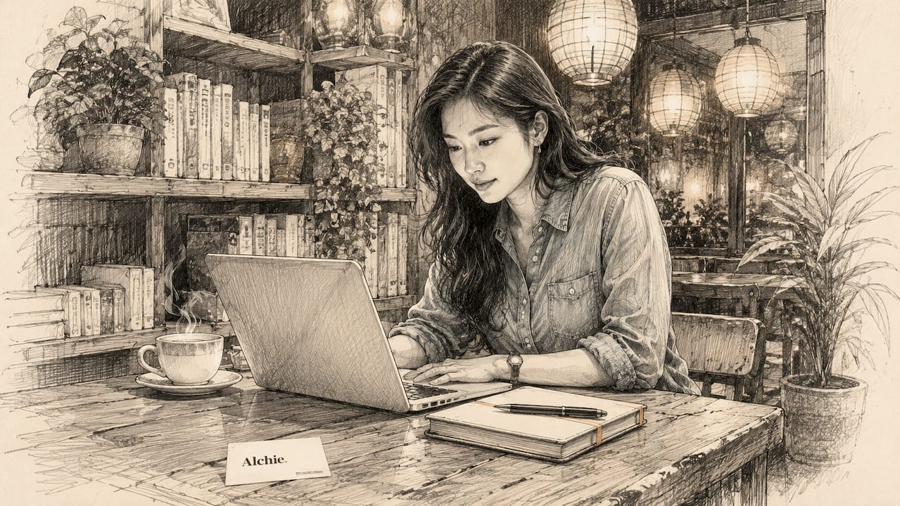Une femme consulte son profil LinkedIn dans un bureau baigné de lumière.