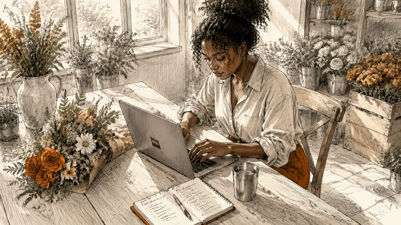 Une femme rédige un article sur l’expérience client.