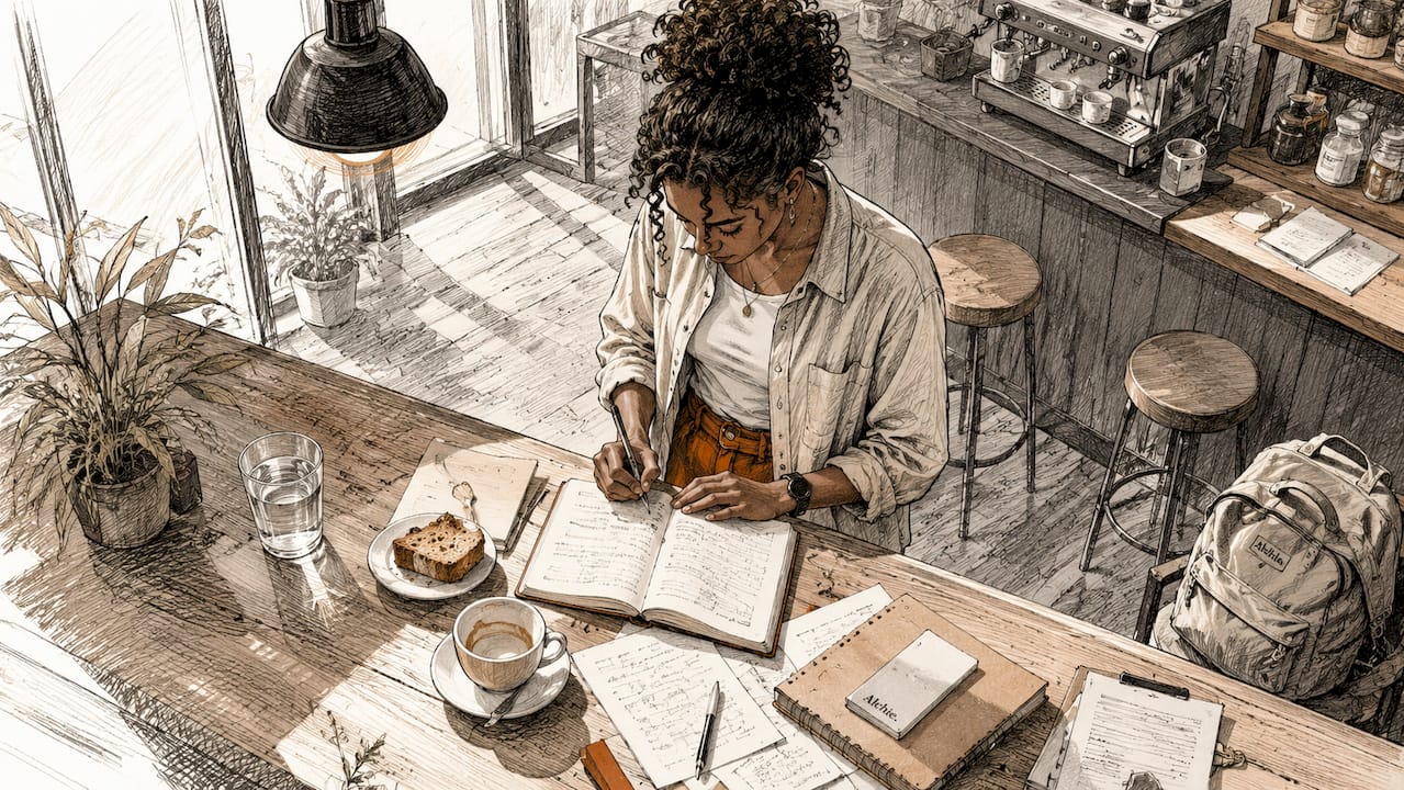 Une personne en train de travailler sur l’optimisation de mots-clés LinkedIn, installée dans un café