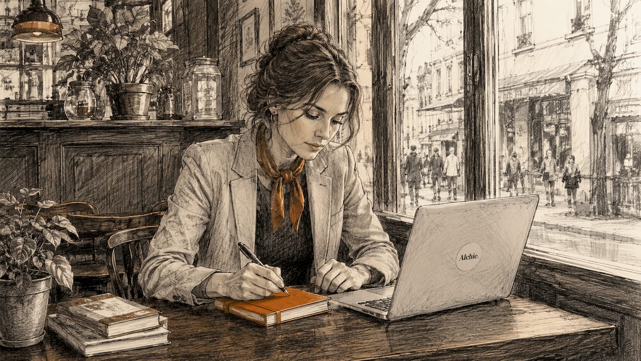 Une femme en train de rédiger un brouillon pour son prochain post LinkedIn, assise à son bureau.