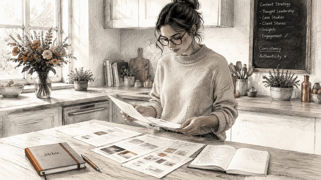 Une femme d'affaires passe en revue des études de cas LinkedIn imprimées, analysant les documents avec attention pour en tirer des enseignements utiles à son entreprise.