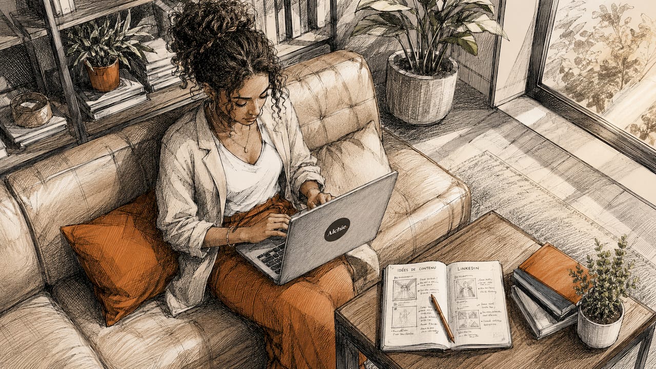 Une jeune femme en pleine rédaction d’un post LinkedIn percutant.
