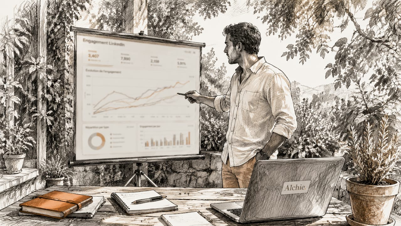 Un professionnel présente les résultats d’engagement sur LinkedIn à l’aide d’un graphique.