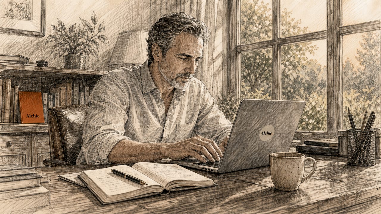 Un consultant senior travaille sur son ordinateur portable dans son bureau à domicile.