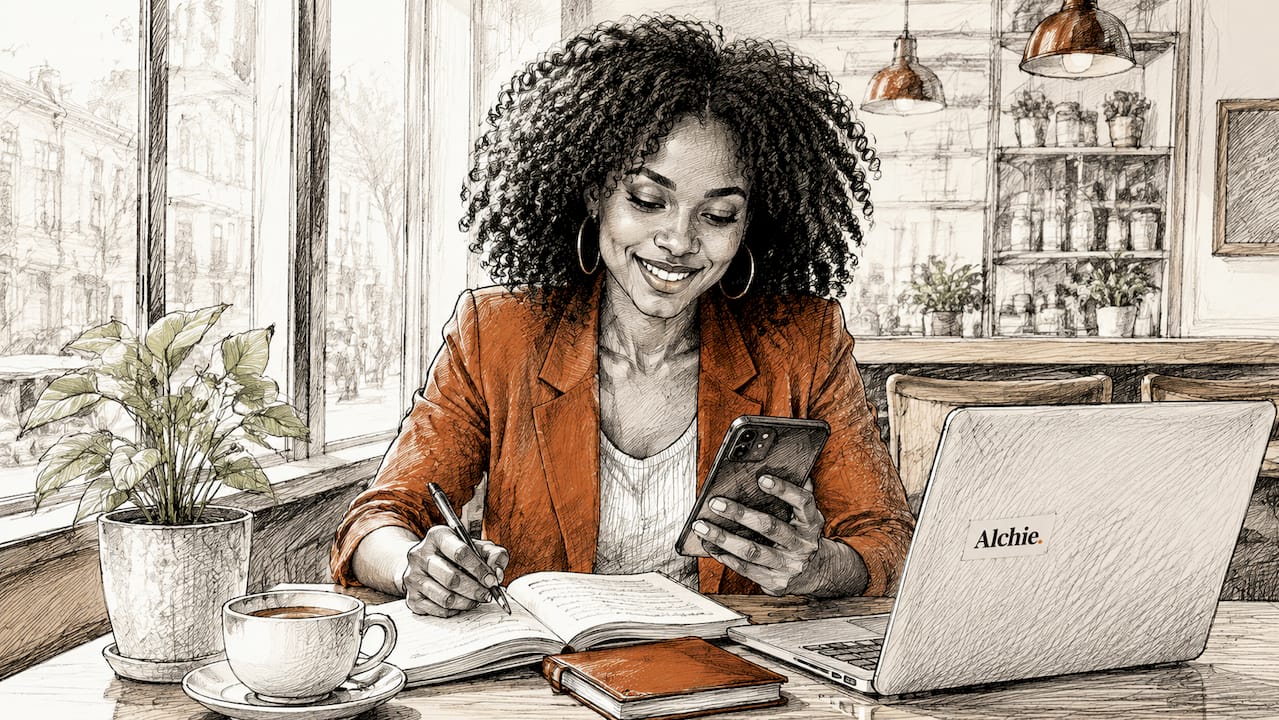 Une cheffe d’entreprise consulte son téléphone portable à son bureau.