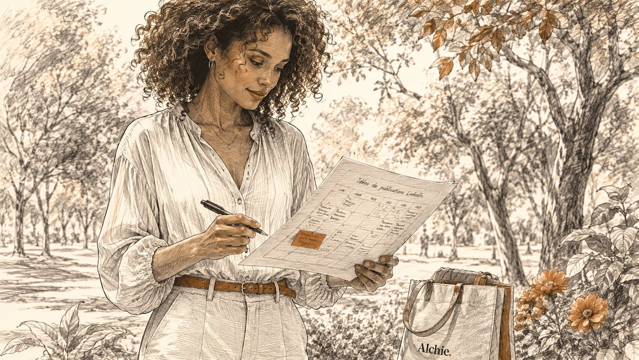 Une professionnelle organise sa prochaine série de publications LinkedIn depuis son bureau.