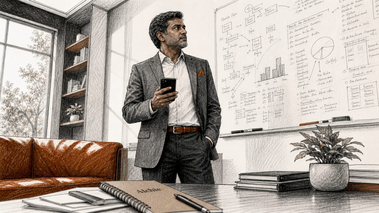 Un PDG consulte son smartphone dans son bureau baigné de lumière.