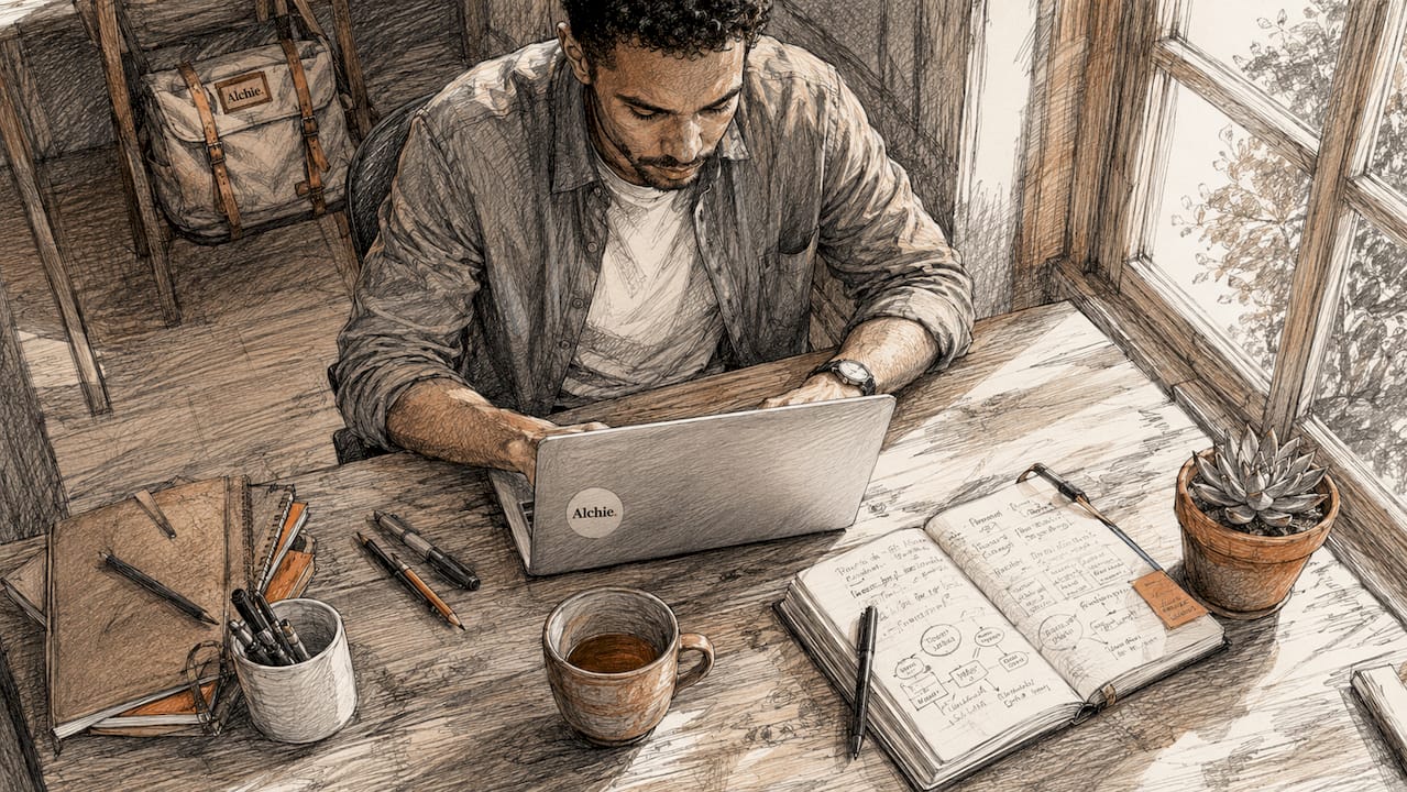 Un homme en train de rédiger une publication LinkedIn depuis son salon