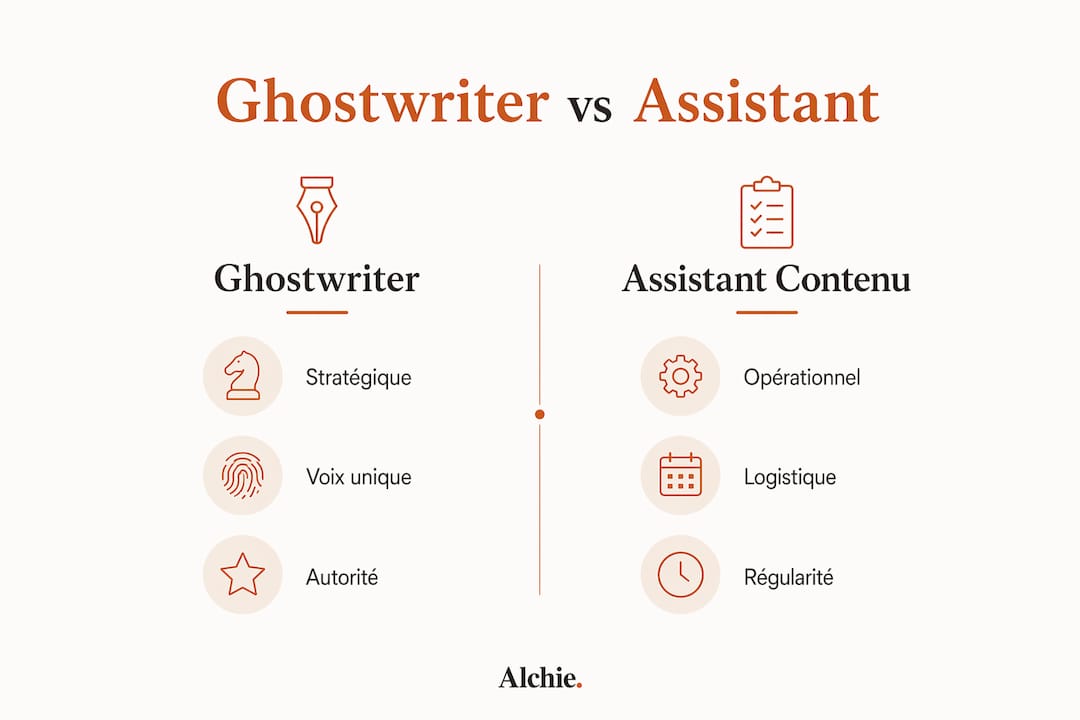 Infographie : différences et complémentarités entre le rôle de ghostwriter et celui d’accompagnateur de contenu sur LinkedIn