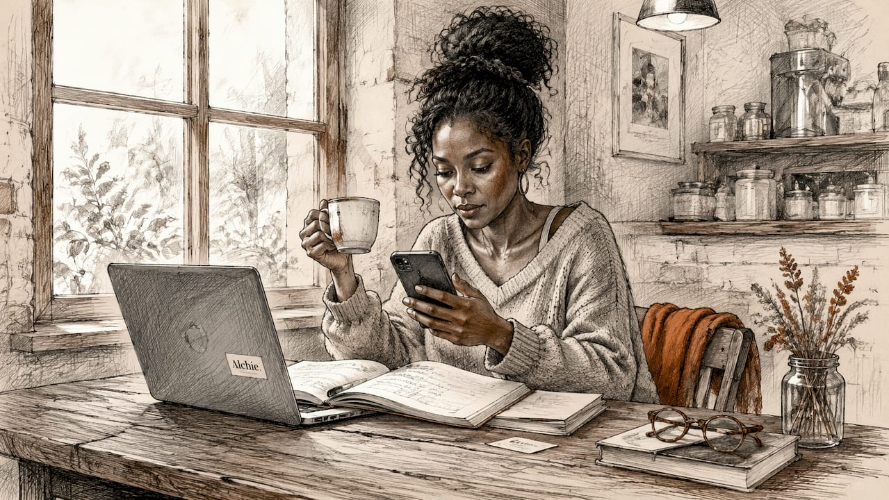 Une femme consulte LinkedIn sur son smartphone depuis son bureau à la maison.