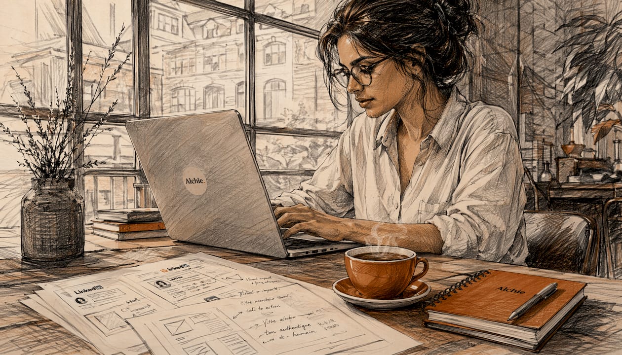 Une femme active rédige un post LinkedIn installée à son bureau à la maison.