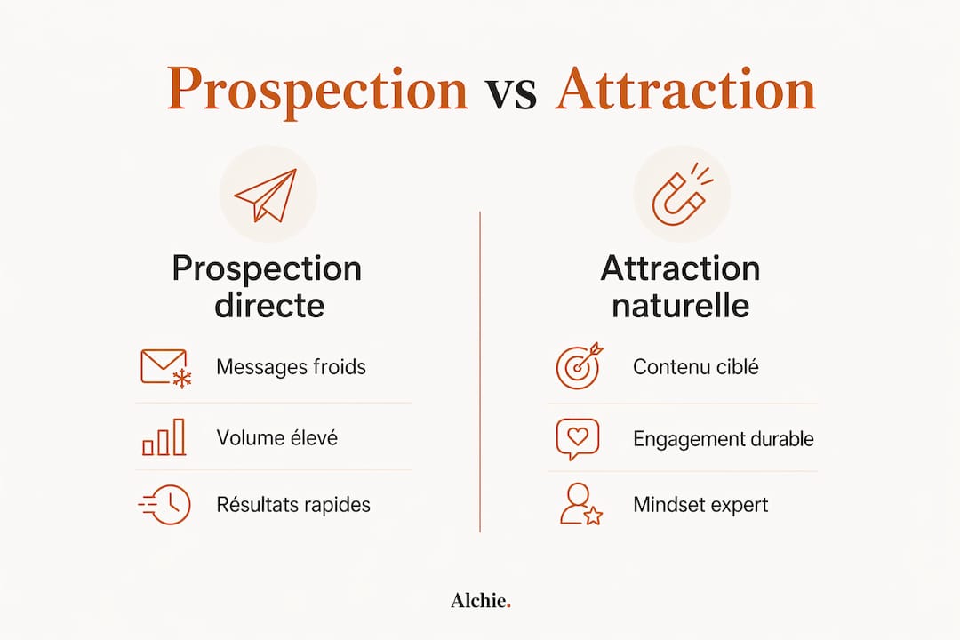 Infographie : mise en perspective de la prospection active vs l’acquisition de clients par la notoriété naturelle