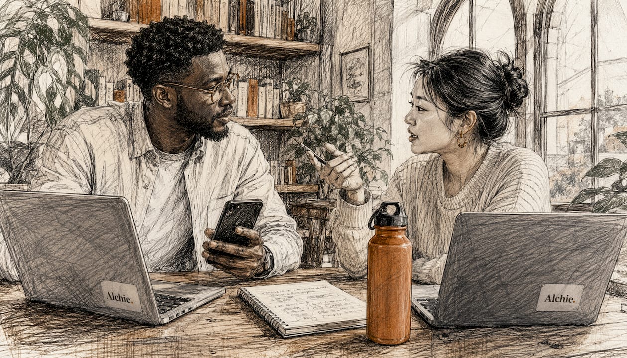 Deux professionnels échangent autour d’une table à propos de la stratégie de contenu.