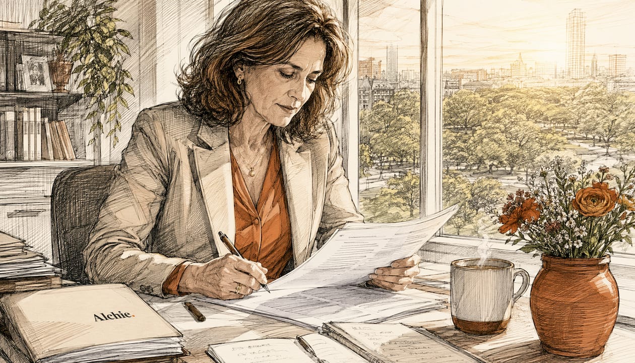 Une femme consulte sa tablette dans son bureau, baignée par la lumière du matin.