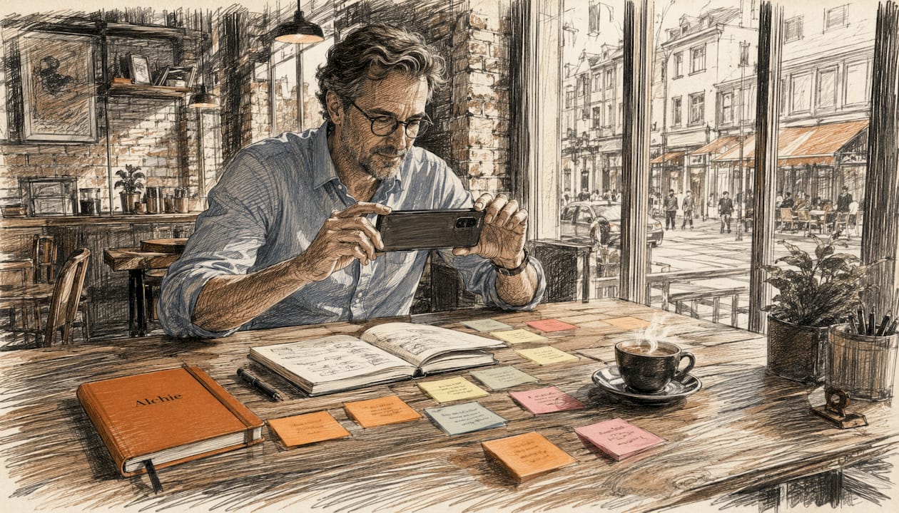 Un consultant en pleine session de travail, filmant des post-it sur le mur de son bureau.