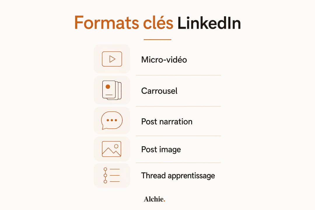 Visuel récapitulatif des formats incontournables pour partager les coulisses sur LinkedIn