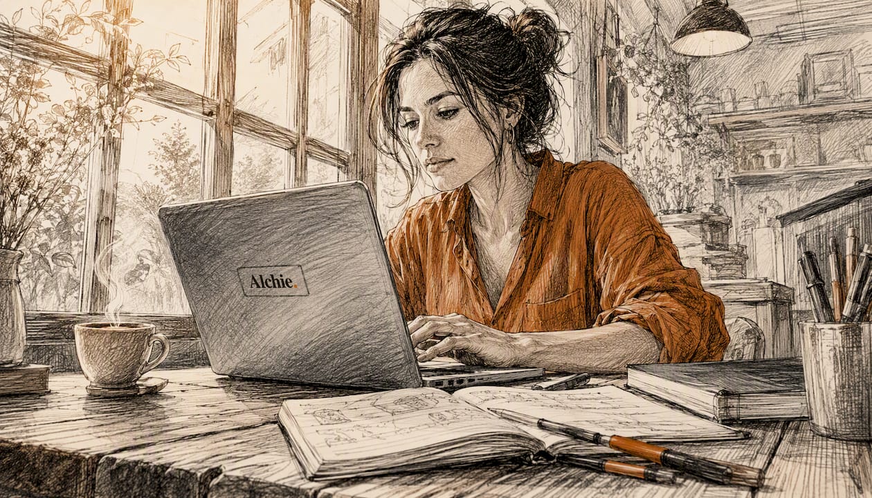 Indépendant installé dans un espace de coworking, concentré sur la rédaction d’une publication.