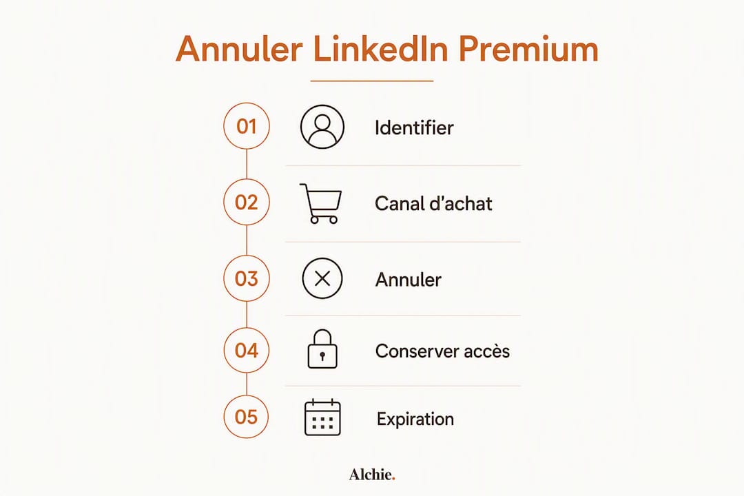 Visuel explicatif des différentes étapes pour résilier son abonnement LinkedIn Premium