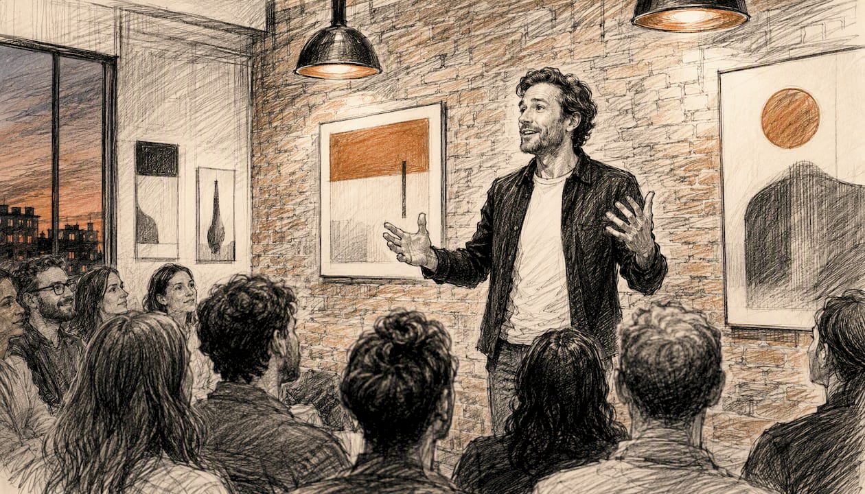 Le fondateur partage sa vision avec enthousiasme lors d’un événement dédié aux startups, captivant l’auditoire par sa passion et son engagement.