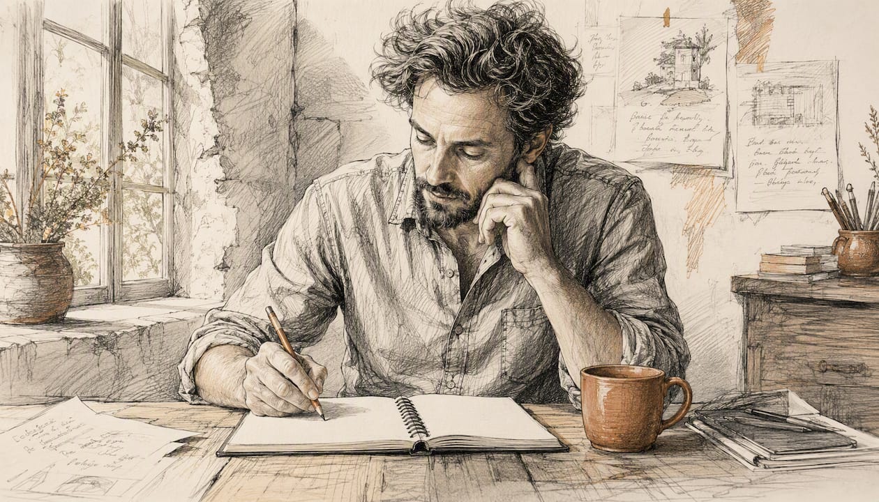 Installé dans un atelier au charme authentique, un freelance laisse libre cours à sa créativité en griffonnant de nouvelles idées de contenu.