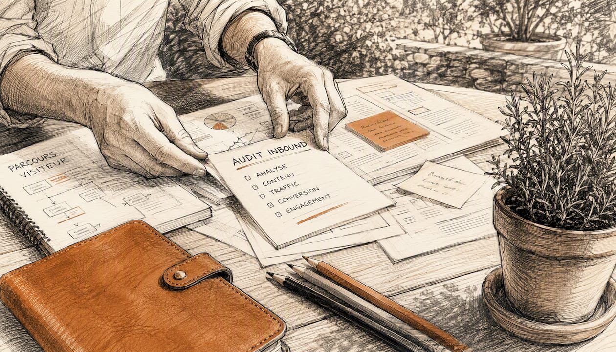 Des mains en pleine préparation de documents pour un audit marketing, étalés sur un bureau.