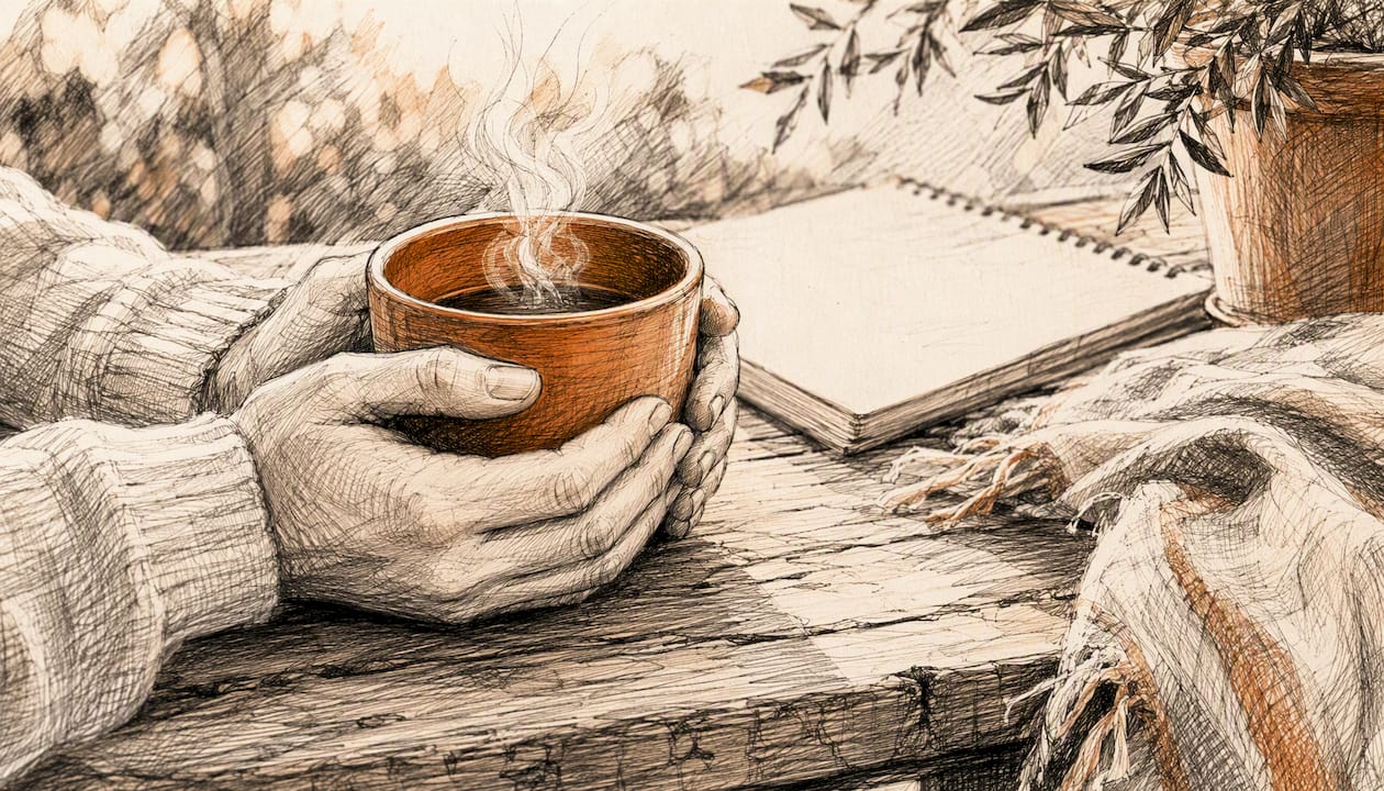 Une tasse de thé entre les mains, posée devant un carnet ouvert.