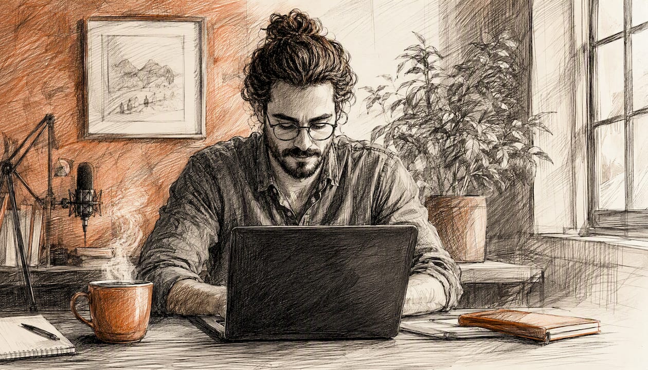 Une personne rédige un post LinkedIn, installée confortablement dans un espace de travail chaleureux au style rustique.