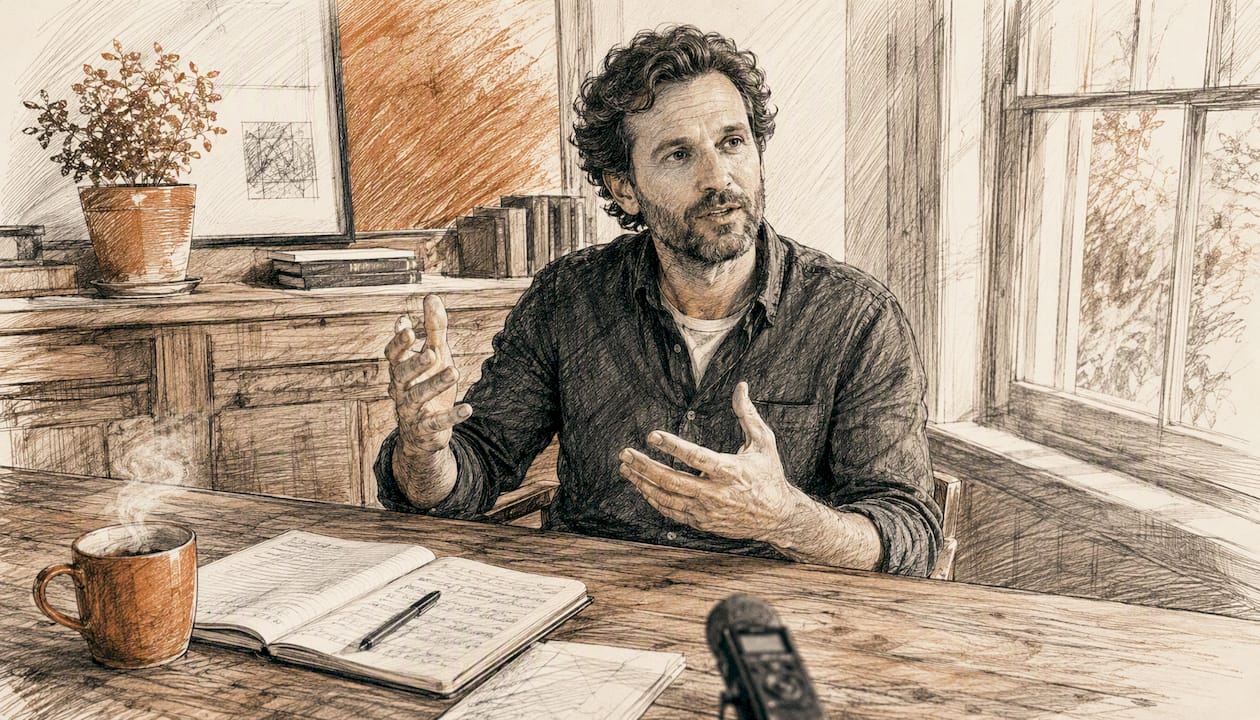 Un entrepreneur qui raconte son parcours, gesticulant vivement pour donner vie à son récit.