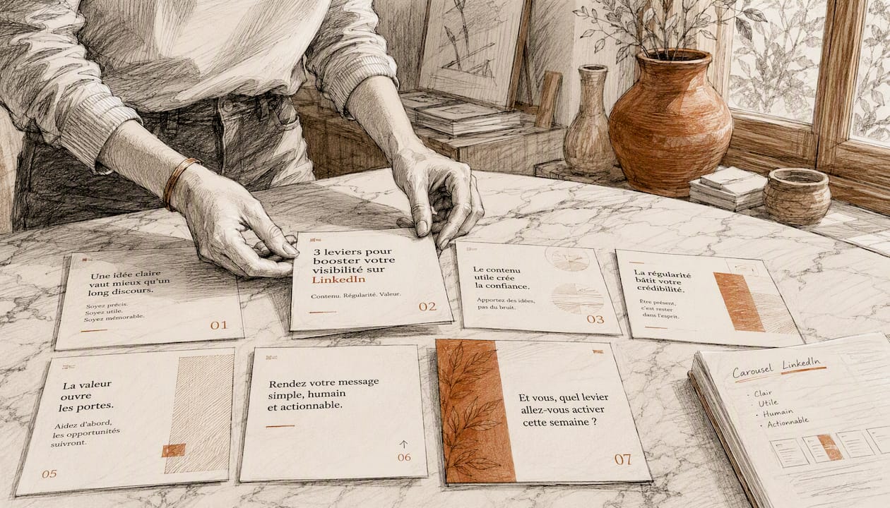 Des mains qui disposent des slides de carrousel LinkedIn sur une table, comme pour préparer une présentation ou organiser le contenu.
