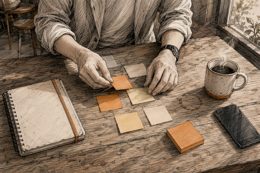 Des mains qui trient et organisent des fiches pour préparer un plan de contenu