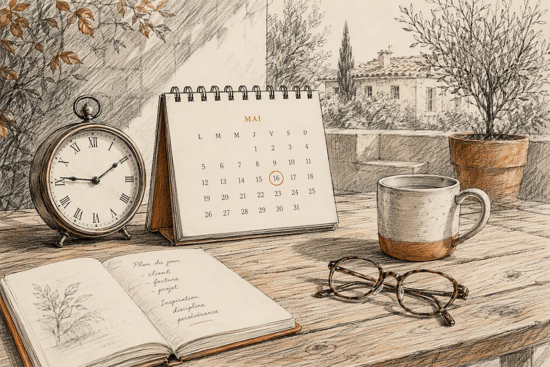Une horloge et un calendrier posés sur un bureau en bois brut.